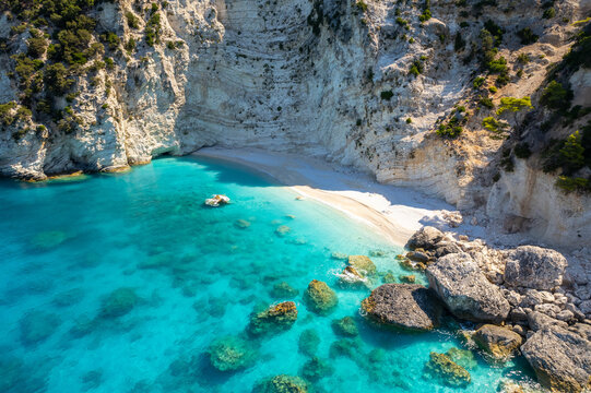 Aerial photo of the paradise beach of Afales in Ithaca, the beautiful  Ionian island of Greece.