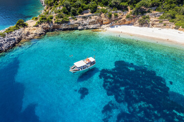 Fototapeta na wymiar Aerial photo of the paradise beach Nisaki in Ithaca, the beautiful Ionian island of Greece.