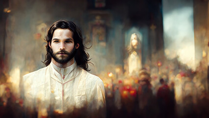 Obraz premium Jesus Christ, people pray in a church, religion and faith of christianity, illustration, generative AI
