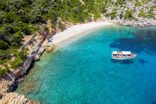 Aerial photo of the paradise beach Nisaki in Ithaca, the beautiful  Ionian island of Greece.