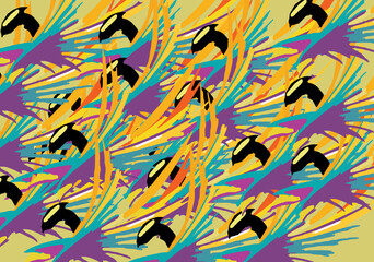 Golden background with colored bird elements for textiles or prints. Futuristic birds like an eagle in rainbow colors for fashion trends, interior solutions, fabric products, wallpaper, covers, etc. 