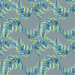 Exotic blue palm leaves seamless pattern watercolor illustration on blue