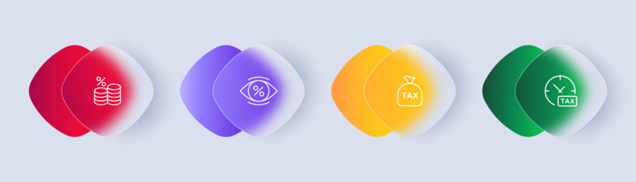 Tax set icon. Chart, analytics, income, salary, bomb, publican, sight, tax protection, expenses, black bookkeeping, percent, stack coin. Glassmorphism style. Vector line icon for Business