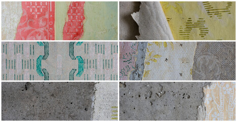 Set of textures of old faded torn paper wallpaper with a classic pattern. Tattered scraps of paper on a concrete walls. Collection of wide panoramic vintage backgrounds for design.
