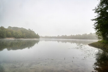 Fototapeta premium Morgennebel über einem See in Düsseldorf im Herbst