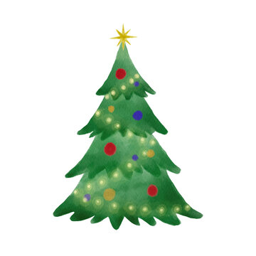 Watercolor cute fir tree with balls, winter Christmas tree hand drawn illustration isolated on white background