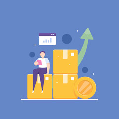 online selling business. SME or Small Medium Enterprise. delivery service. improve the quality of goods. increase income, profit, income. a businessman sitting in a package box. concept illustration