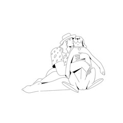 A woman hugs her dog. Vector isolated outline.