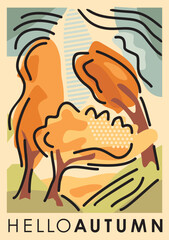 Hello autumn seasonal card design with different fruits and fallen leaves. Contemporary abstract composition of still life. Vector banner graphic illustration.