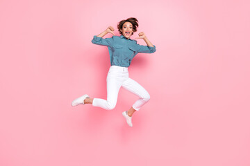 Fototapeta na wymiar Photo of satisfied cheerful positive lady enjoy celebrate success achiebe lottery new car auto empty space isolated on pink color background