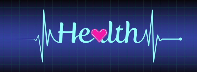 Ecg, ekg line, health text design on blue medical background. Healthy heart symbol to use in health industry, cardiology, medical care, hospital, health science projects.
