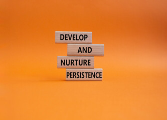 Persistence and development symbol. Wooden blocks with words Develop and nurture persistence. Beautiful orange background. Business and 'Develop and nurture persistence' concept. Copy space.