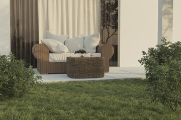 3D rendering of beautiful terrace with rattan furniture and green lawn - obrazy, fototapety, plakaty