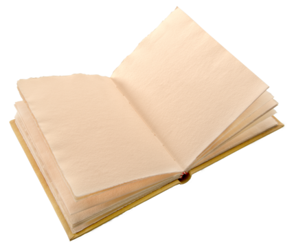 Open antique style book with pages of rough paper with jagged edges, antique leather hardcover notebook