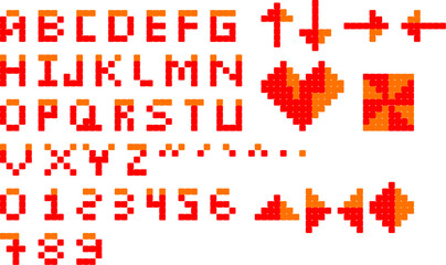 pixel-arts alphabet, numbers and signals.