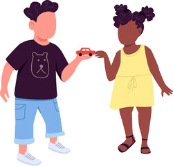 Kids sharing toys semi flat color raster characters. Active figures. Full body people on white. Children together isolated modern cartoon style illustration for graphic design and animation