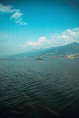 blue sky and lake and boat