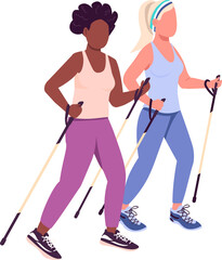 Women training outdoor semi flat color raster characters. Active figures. Full body people on white. Training together isolated modern cartoon style illustration for graphic design and animation