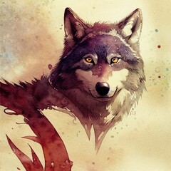 Portrait of a wolf, isolated watercolor painting. Realistic drawing of a wild wolf. Brown, white and grey colored wolf. Majestic beautiful animal. Sketch of predator wildlife, artistic. Generative AI