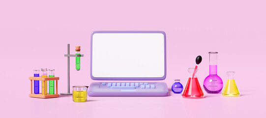 3d laptop computer with beaker, test tube, science experiment kit, space isolated on pink background. room online innovative education, template mockup concept, 3d render illustration