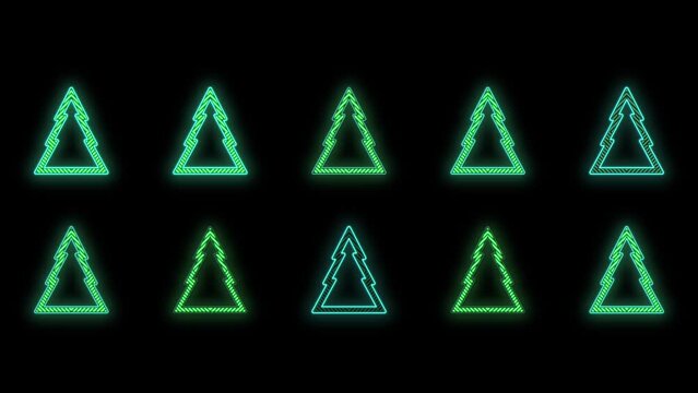 Neon Christmas trees pattern in night, motion abstract disco, club and party style background