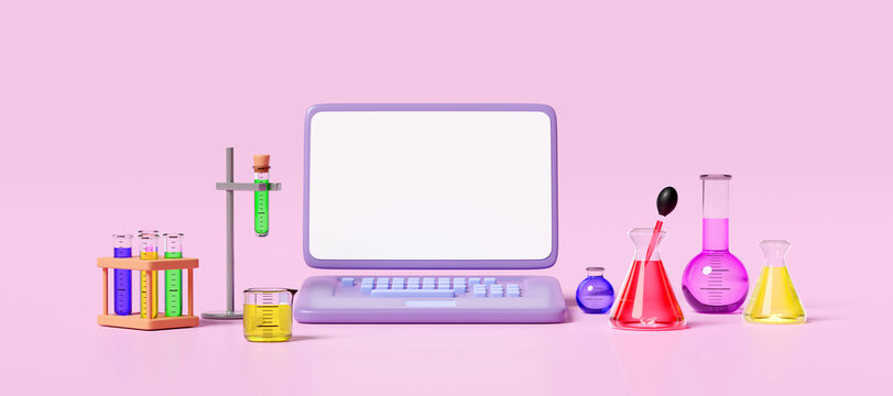 3d laptop computer with beaker, test tube, science experiment kit, space isolated on pink background. room online innovative education, template mockup concept, 3d render illustration