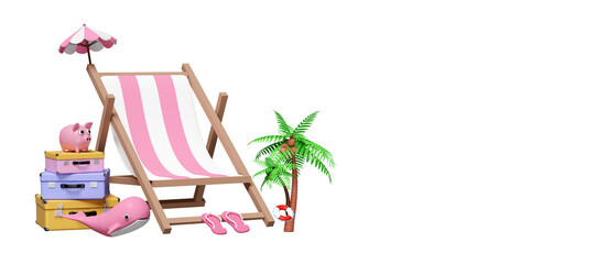 3d summer travel with suitcase stack, beach chair, umbrella, sandals, palm tree, whale, piggy bank, space isolated. summer travel concept, 3d render illustration