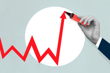 Collage poster research of businesspeople painting chart arrow going up have capital budget profit