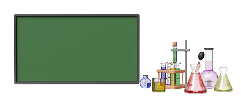 3d green blackboard with beaker, test tube, science experiment kit, space isolated. room online innovative education concept, 3d render illustration