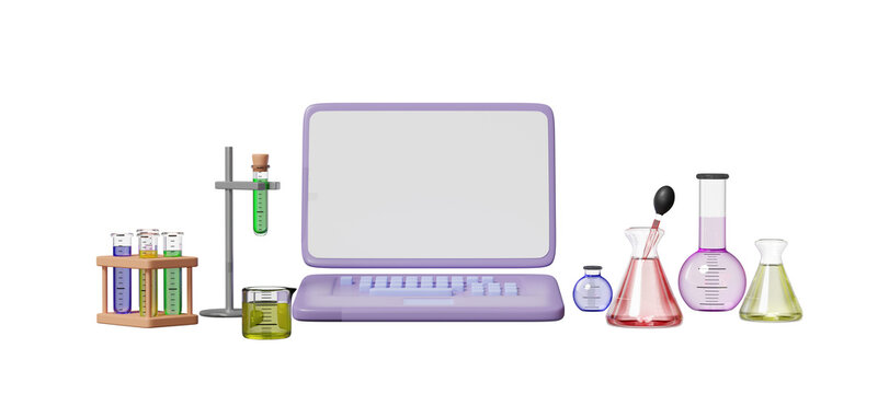 3d laptop computer with beaker, test tube, science experiment kit, space isolated. room online innovative education, template mockup concept, 3d render illustration