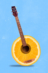 Vertical collage illustration of creative half orange acoustic guitar isolated on blue painted...