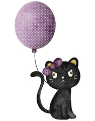 Watercolor halloween cat cartoon character 
