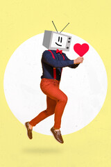 Fototapeta premium Collage 3d artwork poster sketch of person tv set instead head hurry date fall in love girlfriend isolated on painting background