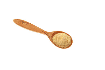 Fenugreek flour or Hulbah powder in wooden spoon on white background. Selective focus, copy space. Herbal nutritional supplement, Trigonella foenum-graecum