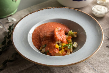 Tasty appetizing summer tomato soup puree gazpacho with vegetebles served in bowl on the table