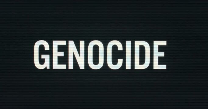 Closeup of Genocide being Typed onto Vintage Computer Monitor with Blinking Cursor. Digital Words Intro CRT LCD TV Screen Pixels Macro Detail 4K