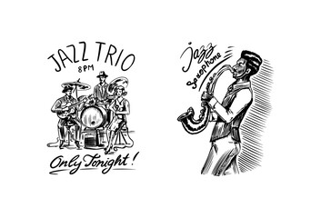  Jazz band. Singer with microphone, guitarist and drummer. Afro American saxophonist. The trio play instruments. Hand drawn logo or badge. Sketch. Doodle vector illustration.