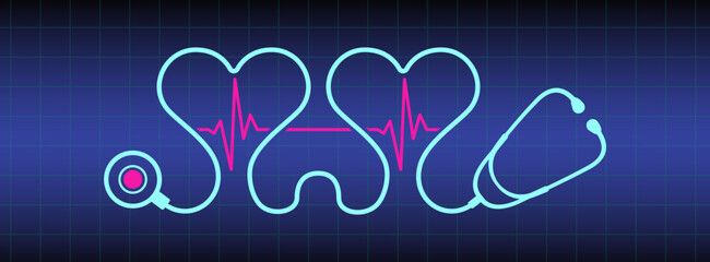 Abstract stethoscope design, two hearts, ekg line illustration background. Healthcare background to use in health industry, cardiology, medical care, hospital, health science projects. 