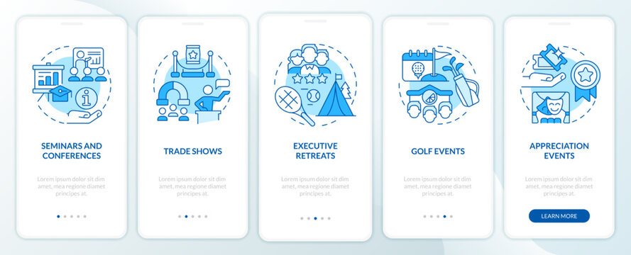 Corporate events types blue onboarding mobile app screen. Business walkthrough 5 steps editable graphic instructions with linear concepts. UI, UX, GUI template. Myriad Pro-Bold, Regular fonts used