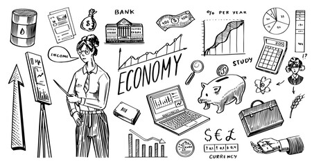 Economy poster. Finance and money. Piggy bank, calculator and graphs. Set of hand drawn icons for business in investments. Hand drawn Sketch. Doodle vector illustration.