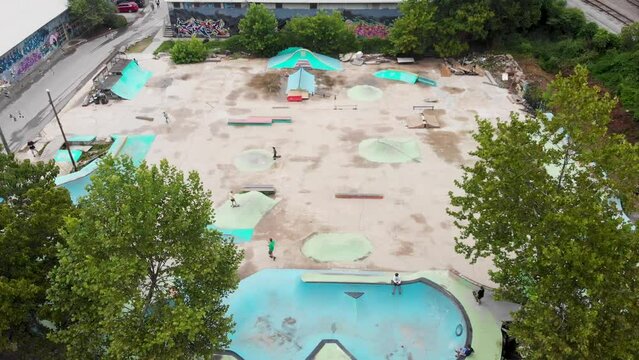 4K Drone Video of Skateboarders at Outdoor Skatepark at the River Arts District in Asheville, NC