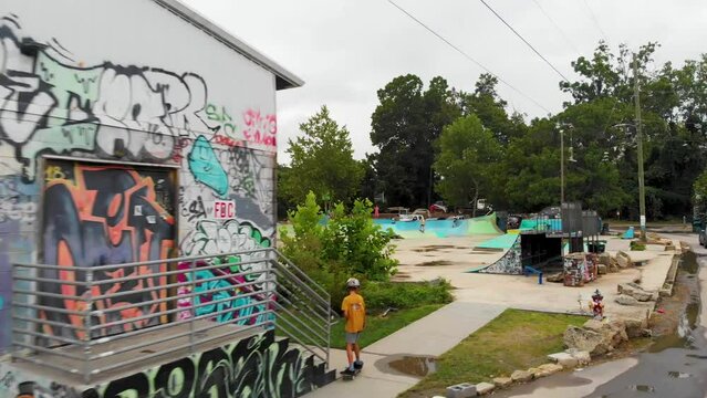 4K Drone Video of Outdoor Skatepark at the River Arts District in Asheville, NC