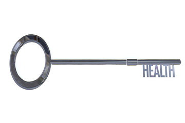 key to health concept health word incorporated in a silver 3D key cut out isolated on a white background