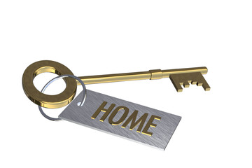 key to home concept gold 3D key with key ring tag with text word words home concept cut out isolated on white background