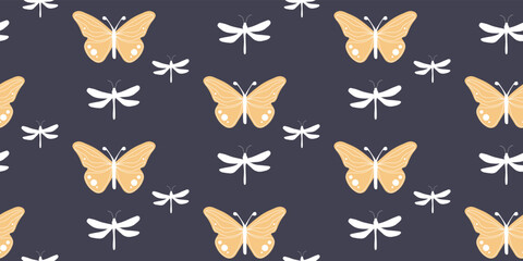 Seamless pattern of dragonflies and butterflies on a dark blue background.Suitable for printing on fabric and paper.