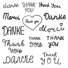 Words - Thank you, Danke, Merci. Hand drawn vector lettering for greeting cards, t shirts, stickers, poster designs.