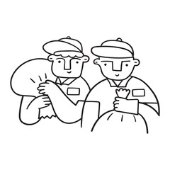 Waste collectors. Hand drawn vector outline illustration on white background.