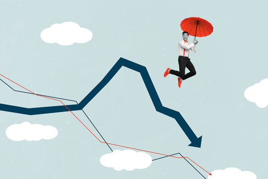 Collage banner of bankruptcy concept arrow decrease down gentleman fly parasol isolated on sky cloud paint background