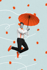 Creative collage picture of vintage dressed man travel on parasol windy september weather isolated...