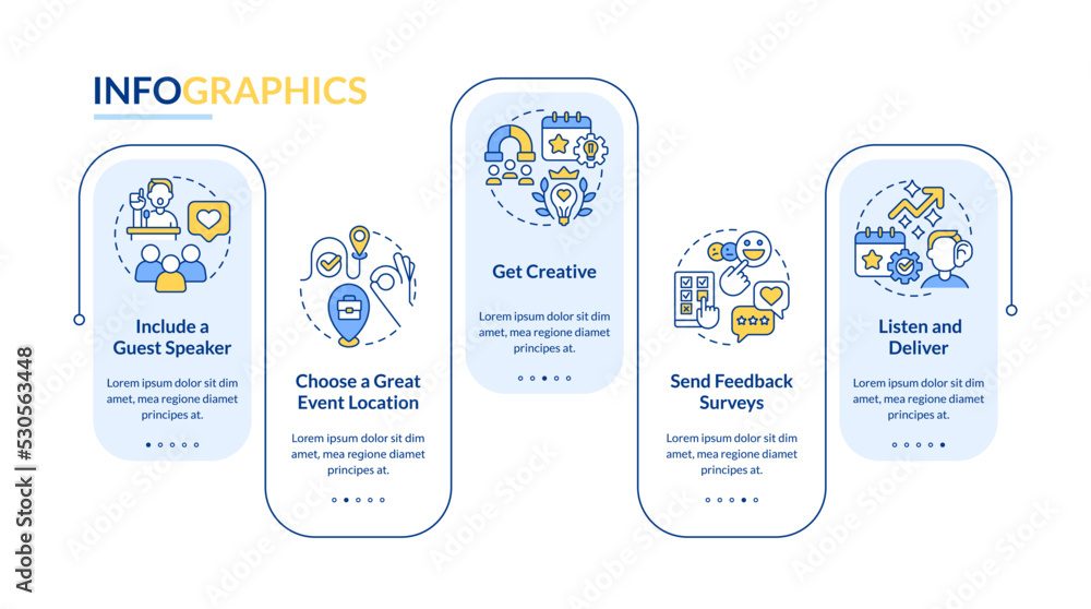 Poster increasing business events attendance rectangle infographic template. data visualization with 5 step